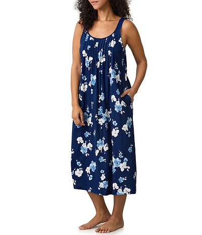 Carole Hochman Floral Blooms Print Sleeveless Scoop Neck Jersey Knit Long Chemise