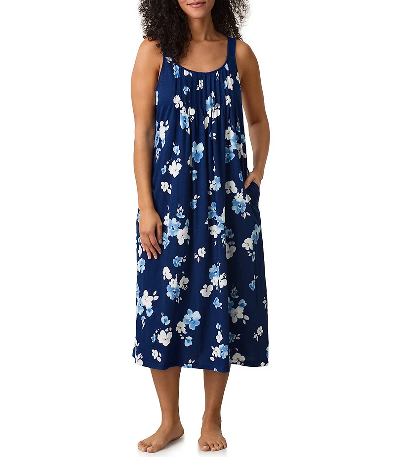 Carole Hochman Floral Blooms Print Sleeveless Scoop Neck Jersey Knit Long Chemise