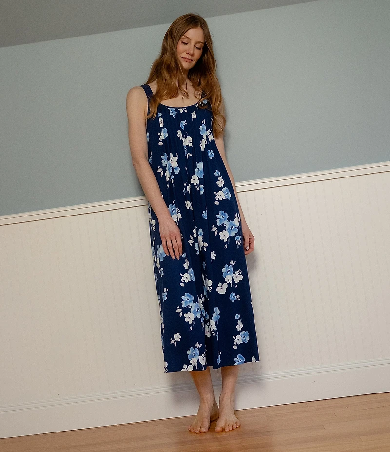 Carole Hochman Floral Blooms Print Sleeveless Scoop Neck Jersey Knit Long Chemise