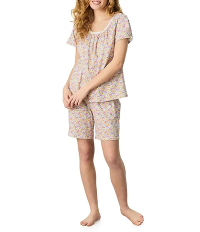 Carole Hochman Floral Ditsy Print Short Sleeve Round Neck Jersey Knit Cotton Bermuda Pajama Set
