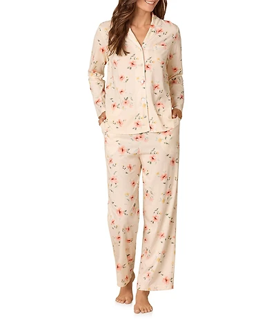 Carole Hochman Floral Print Long Sleeve Notch Collar Jersey Knit Button Front Long Pajama Set