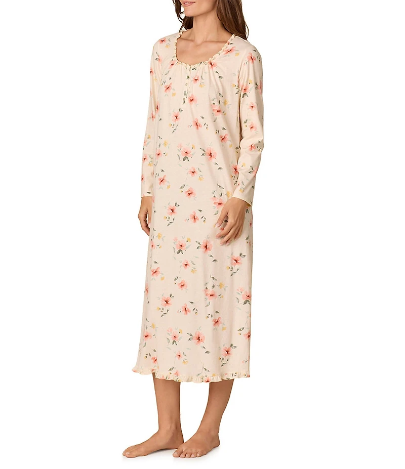 Carole Hochman Floral Print Long Sleeve Round Neck Jersey Knit Ballet Nightgown