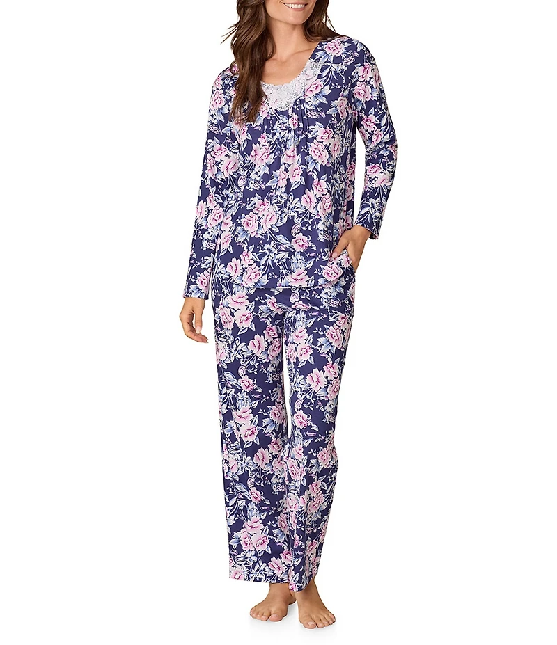 Carole Hochman Floral Print Long Sleeve V-Neck Jersey Knit Cotton Long Pajama Set