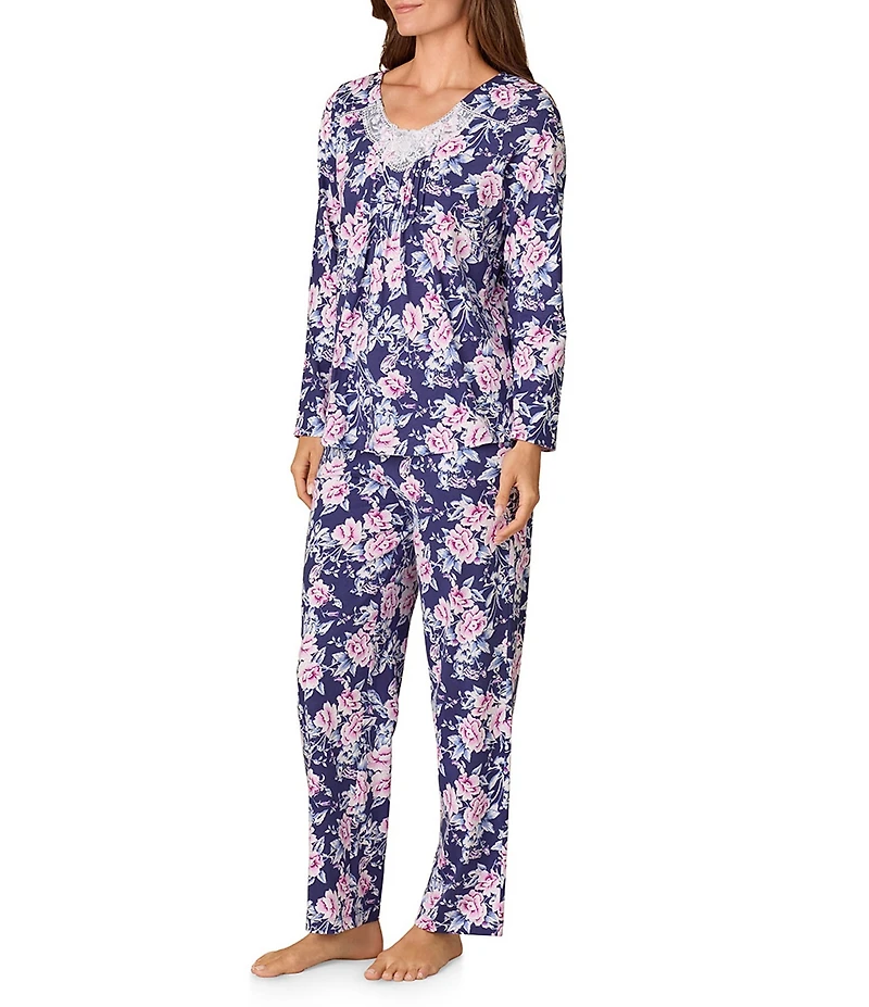 Carole Hochman Floral Print Long Sleeve V-Neck Jersey Knit Cotton Long Pajama Set
