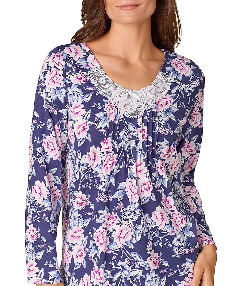 Carole Hochman Floral Print Long Sleeve V-Neck Jersey Knit Cotton Long Pajama Set