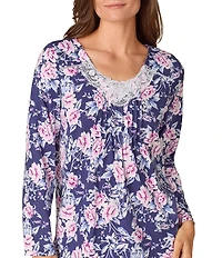 Carole Hochman Floral Print Long Sleeve V-Neck Jersey Knit Cotton Long Pajama Set
