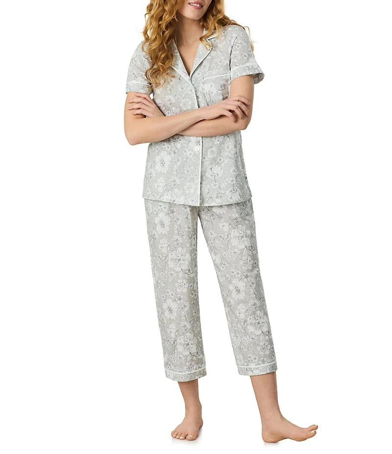 Carole Hochman Floral Print Short Sleeve Notch Collar Jersey Knit Capri Pajama Set