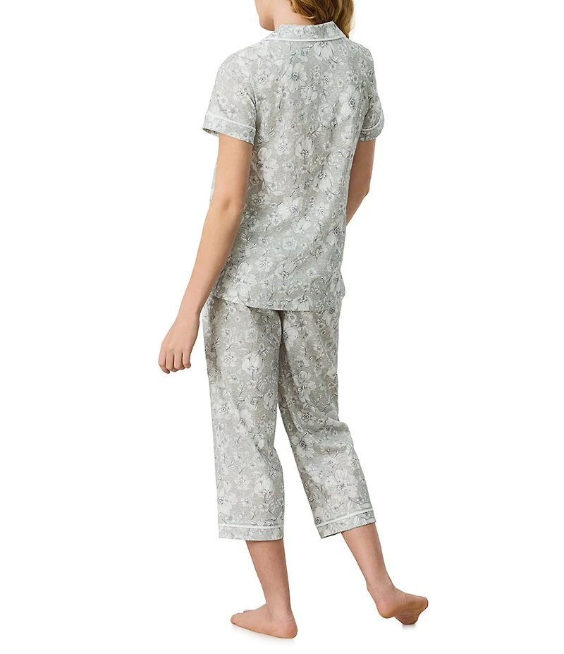 Carole Hochman Floral Print Short Sleeve Notch Collar Jersey Knit Capri Pajama Set