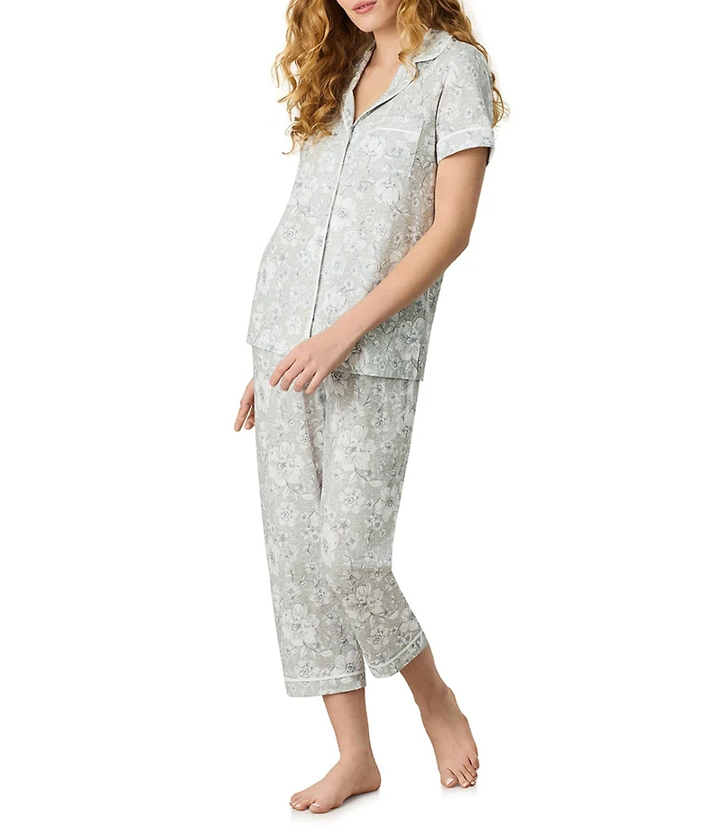 Carole Hochman Floral Print Short Sleeve Notch Collar Jersey Knit Capri Pajama Set