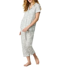 Carole Hochman Floral Print Short Sleeve Notch Collar Jersey Knit Capri Pajama Set