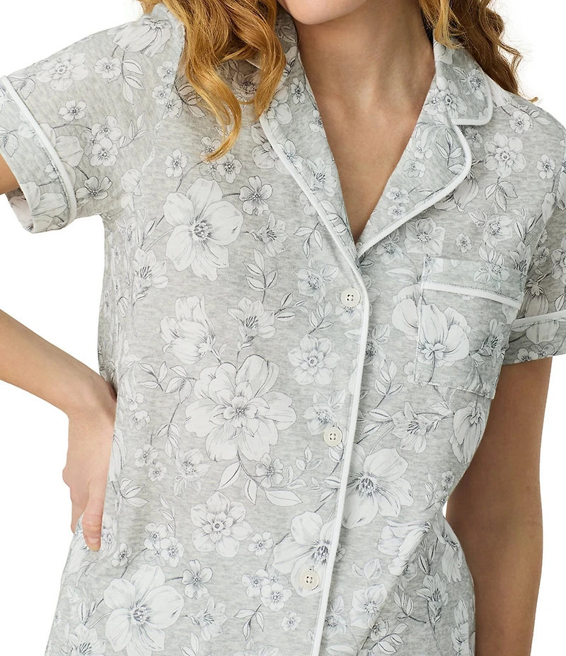 Carole Hochman Floral Print Short Sleeve Notch Collar Jersey Knit Capri Pajama Set