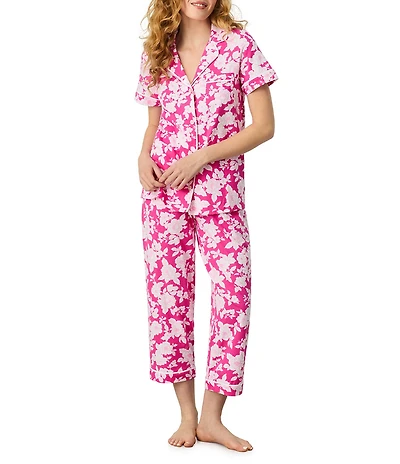 Carole Hochman Floral Print Short Sleeve Notch Collar Jersey Knit Capri Pajama Set