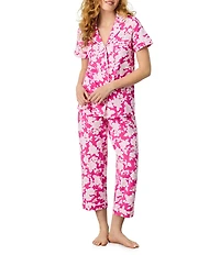 Carole Hochman Floral Print Short Sleeve Notch Collar Jersey Knit Capri Pajama Set