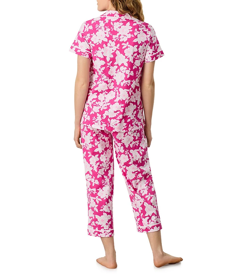 Carole Hochman Floral Print Short Sleeve Notch Collar Jersey Knit Capri Pajama Set
