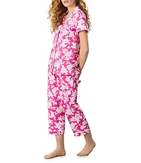 Carole Hochman Floral Print Short Sleeve Notch Collar Jersey Knit Capri Pajama Set