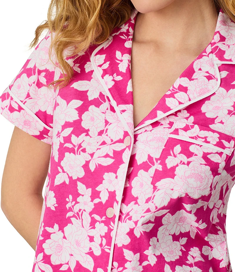 Carole Hochman Floral Print Short Sleeve Notch Collar Jersey Knit Capri Pajama Set