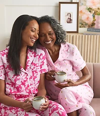 Carole Hochman Floral Print Short Sleeve Notch Collar Jersey Knit Capri Pajama Set