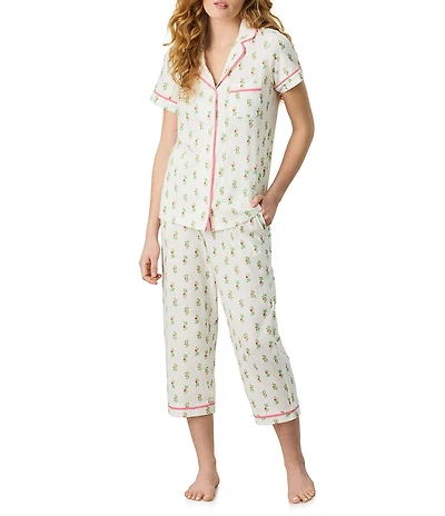 Carole Hochman Floral Print Short Sleeve Notch Collar Jersey Knit Capri Pajama Set