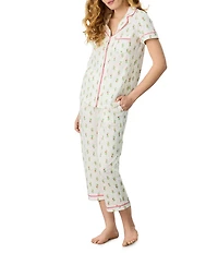 Carole Hochman Floral Print Short Sleeve Notch Collar Jersey Knit Capri Pajama Set
