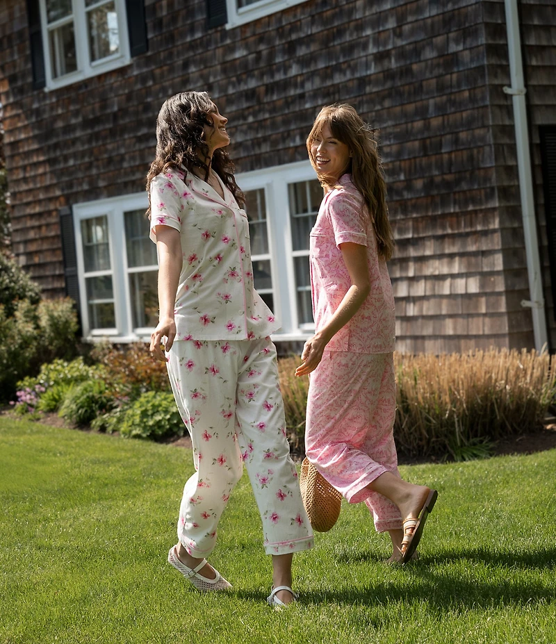 Carole Hochman Floral Print Short Sleeve Notch Collar Jersey Knit Capri Pajama Set