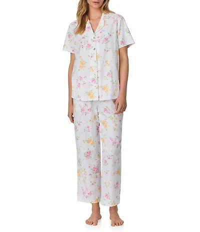 Carole Hochman Floral Print Short Sleeve Notch Collar Jersey Knit Cotton Capri Pajama Set