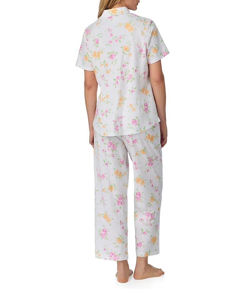 Carole Hochman Floral Print Short Sleeve Notch Collar Jersey Knit Cotton Capri Pajama Set