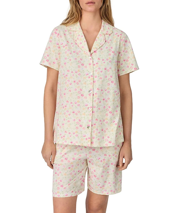 Carole Hochman Floral Print Short Sleeve Notch Collar Jersey Knit