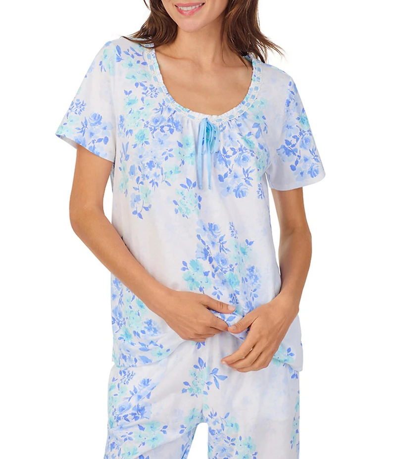 Carole Hochman Floral Print Short Sleeve Round Neck Cotton Jersey Pant Pajama Set
