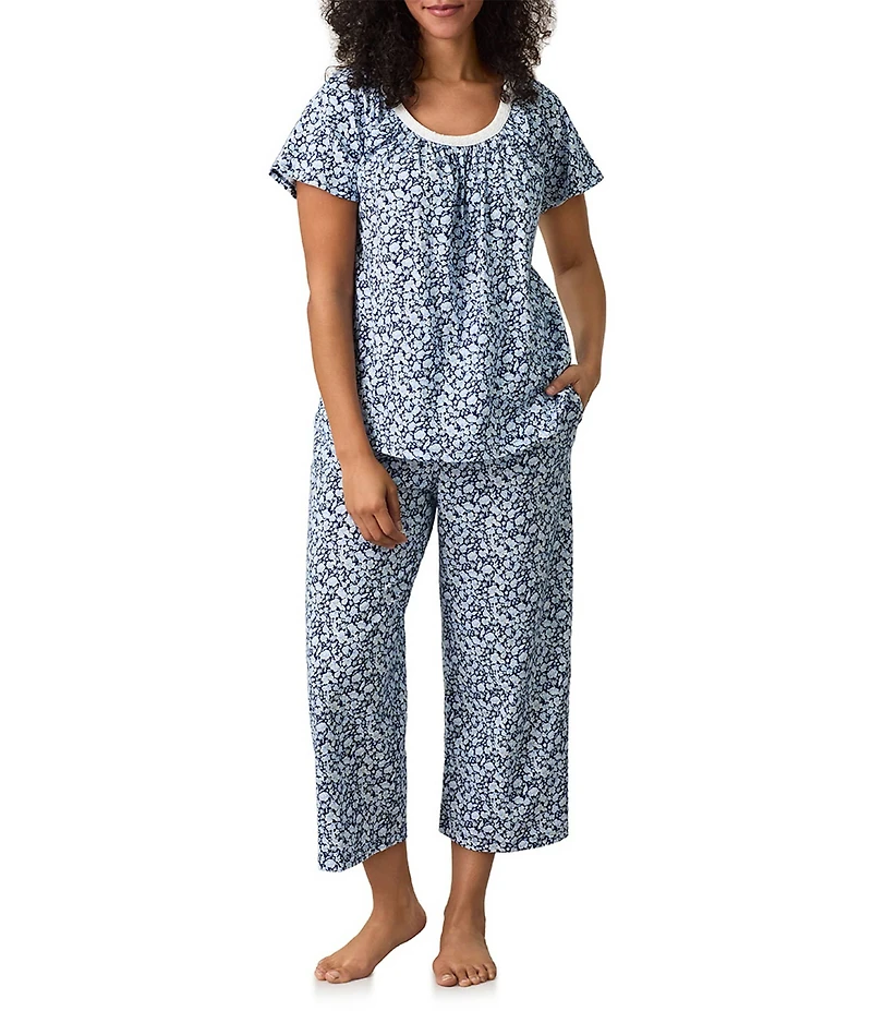 Carole Hochman Floral Print Short Sleeve Round Neck Jersey Knit Capri Pajama Set