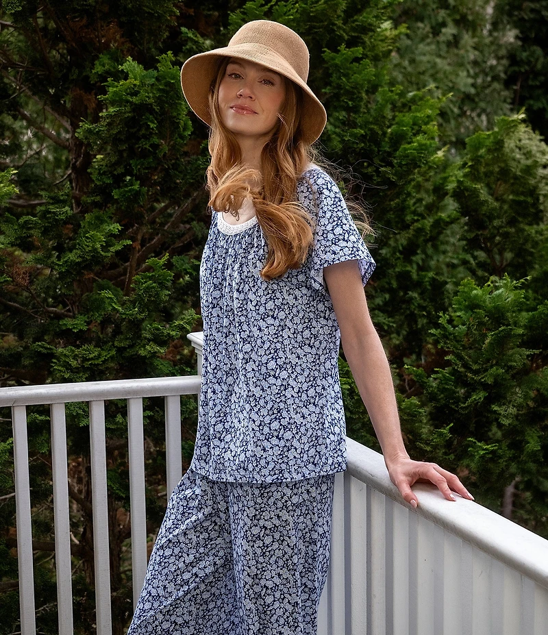 Carole Hochman Floral Print Short Sleeve Round Neck Jersey Knit Capri Pajama Set