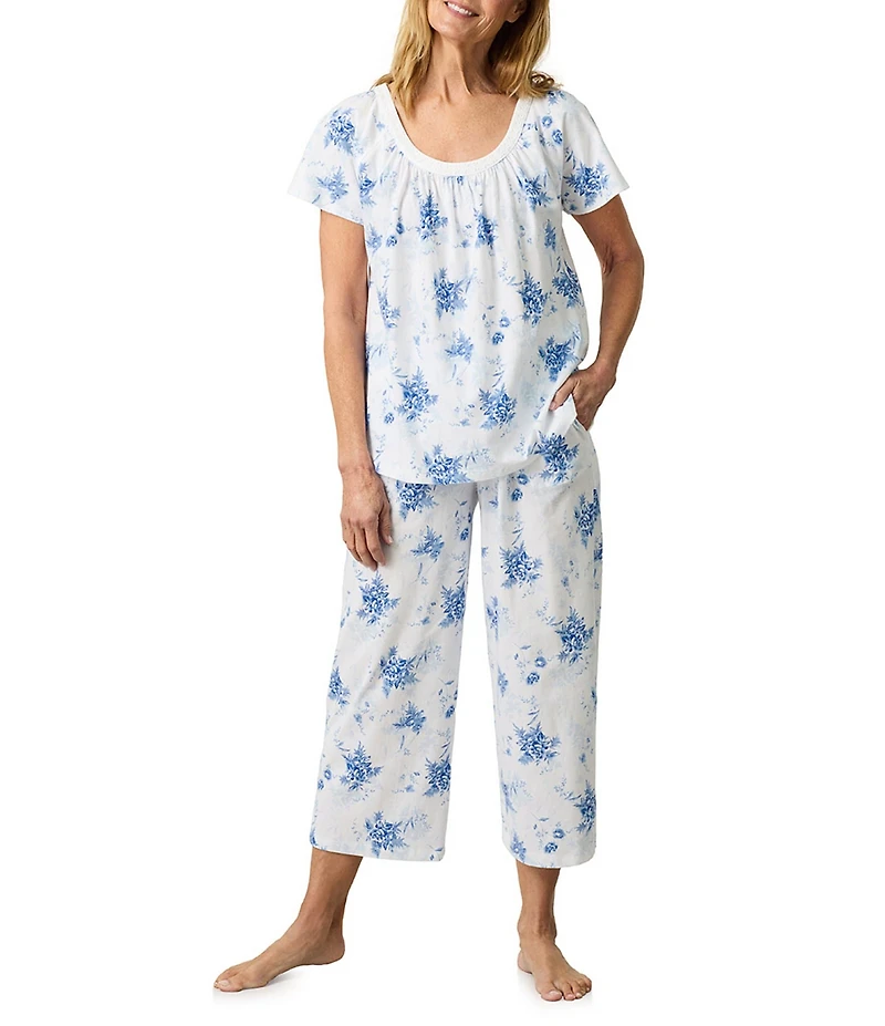 Carole Hochman Floral Print Short Sleeve Round Neck Jersey Knit Capri Pajama Set