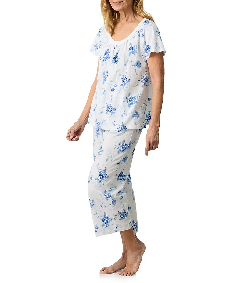 Carole Hochman Floral Print Short Sleeve Round Neck Jersey Knit Capri Pajama Set