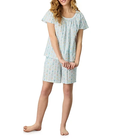 Carole Hochman Floral Print Short Sleeve Round Neck Jersey Knit Cotton Bermuda Pajama Set