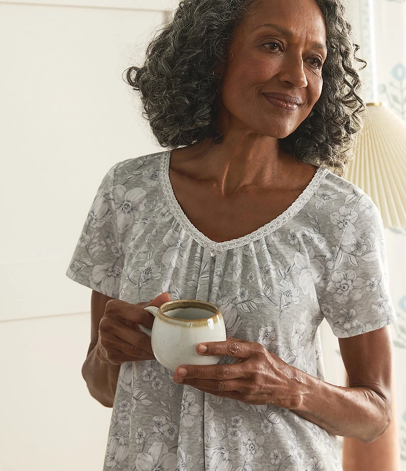Carole Hochman Floral Print Short Sleeve V-Neck Jersey Knit Short Nightgown
