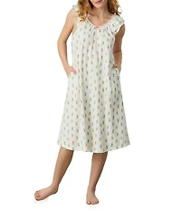 Carole Hochman Floral Print Sleeveless V Neck Jersey Knit Cotton Midi Nightgown