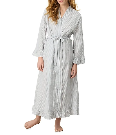 Carole Hochman Grey Stripe Woven Seersucker Long Sleeve Shawl Collar Maxi Robe