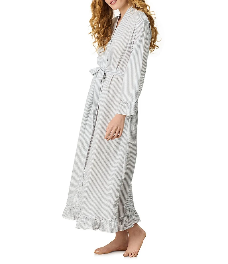 Carole Hochman Grey Stripe Woven Seersucker Long Sleeve Shawl Collar Maxi Robe