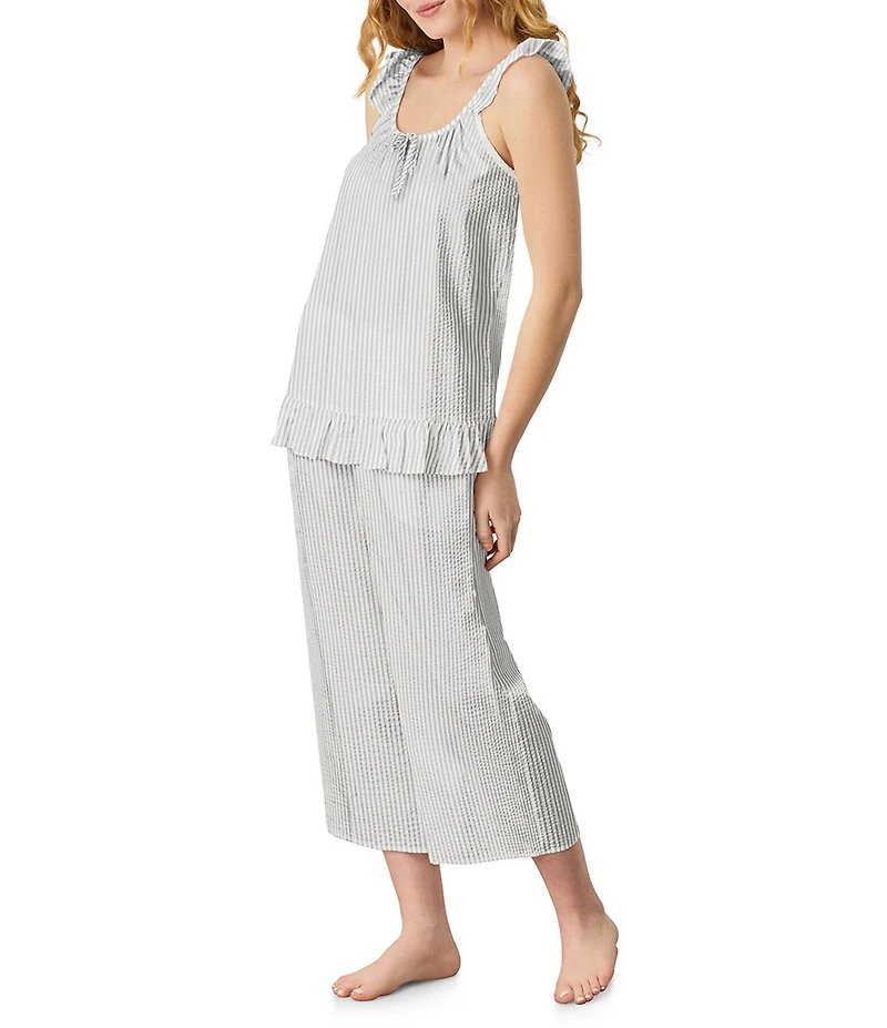 Carole Hochman Grey Stripe Woven Seersucker Sleeveless Cami Top & Cropped Culotte PJ Set