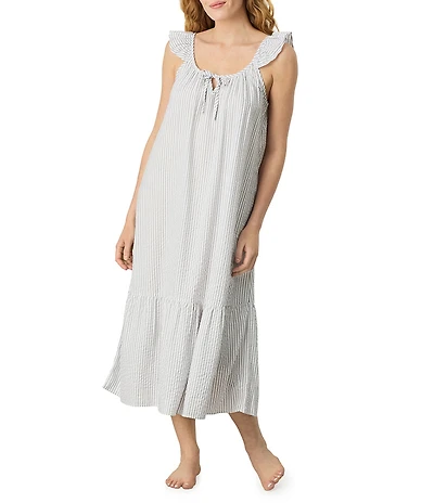 Carole Hochman Grey Stripe Woven Seersucker Sleeveless Long Midi Nightgown