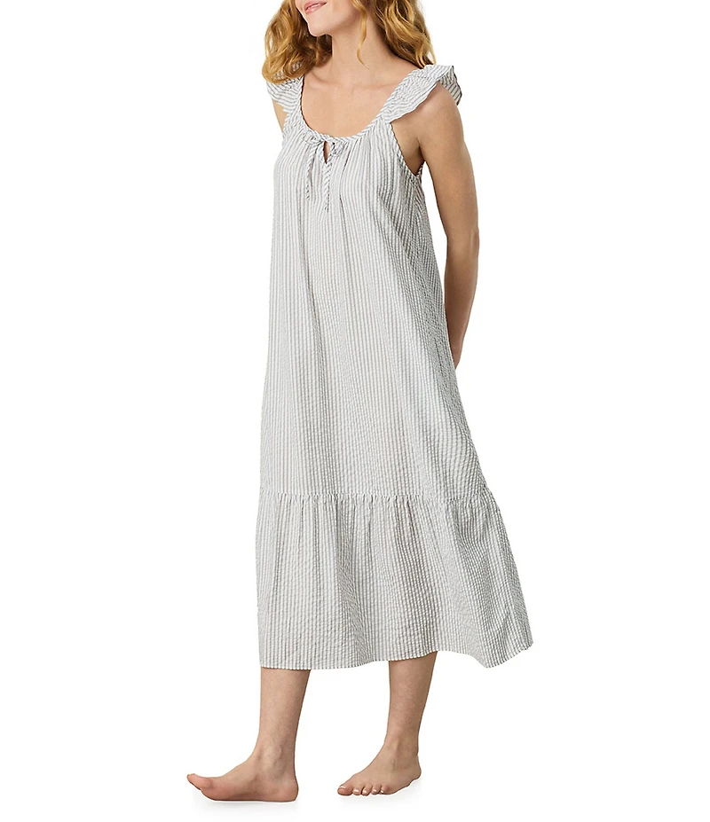 Carole Hochman Grey Stripe Woven Seersucker Sleeveless Long Midi Nightgown