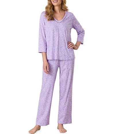 Carole Hochman Lavender Meadow Print 3/4 Sleeve V-Neck Jersey Knit Cotton Pant Pajama Set