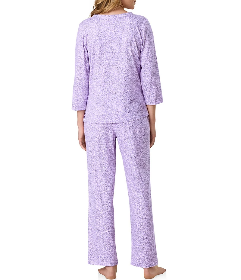 Carole Hochman Lavender Meadow Print 3/4 Sleeve V-Neck Jersey Knit Cotton Pant Pajama Set