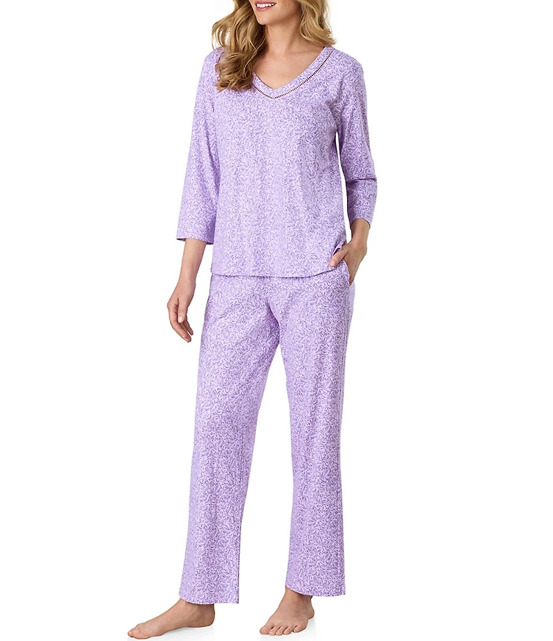 Carole Hochman Lavender Meadow Print 3/4 Sleeve V-Neck Jersey Knit Cotton Pant Pajama Set