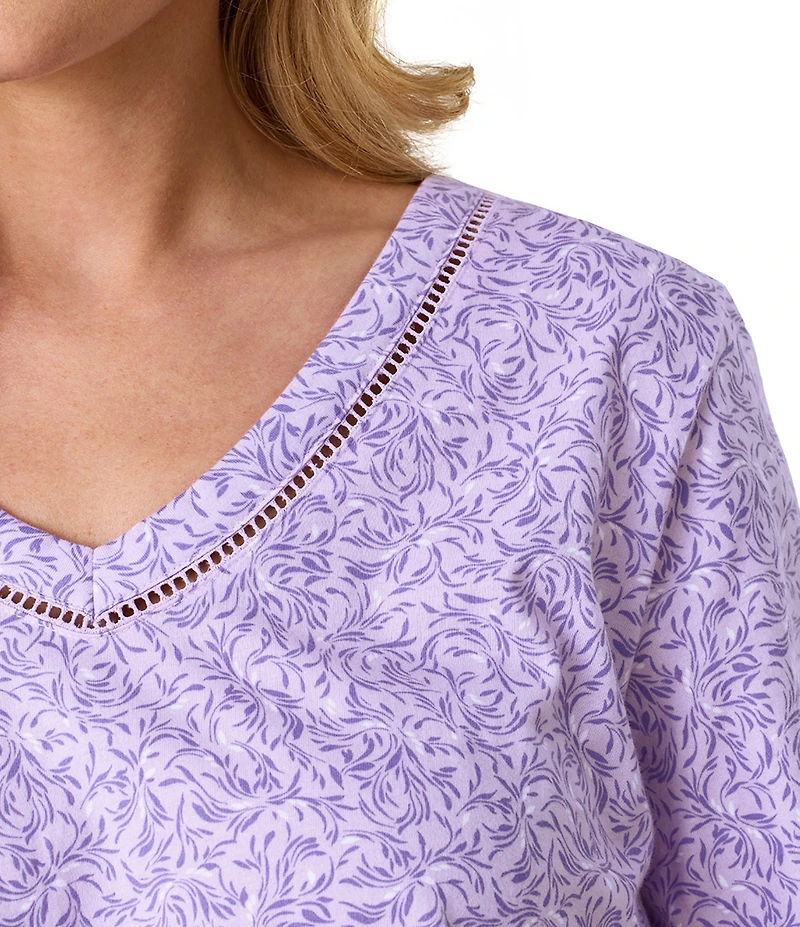Carole Hochman Lavender Meadow Print 3/4 Sleeve V-Neck Jersey Knit Cotton Pant Pajama Set