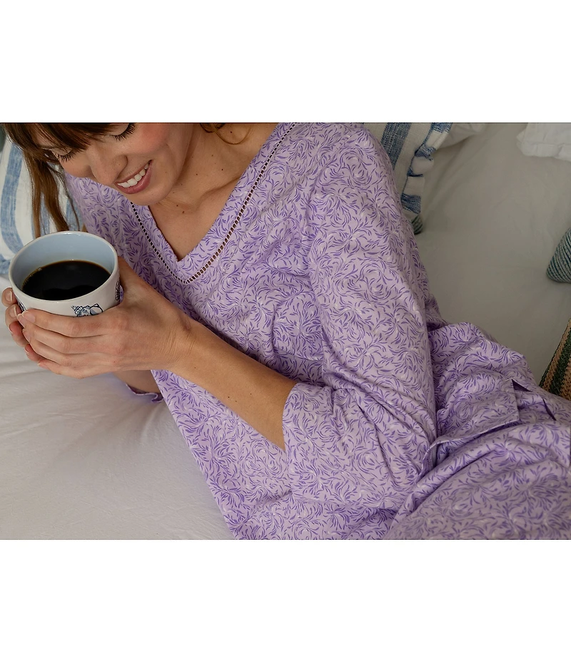 Carole Hochman Lavender Meadow Print 3/4 Sleeve V-Neck Jersey Knit Cotton Pant Pajama Set