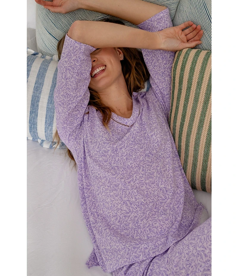 Carole Hochman Lavender Meadow Print 3/4 Sleeve V-Neck Jersey Knit Cotton Pant Pajama Set