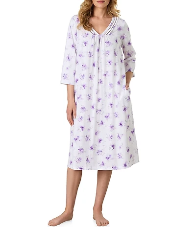 Carole Hochman Lilac Blooms Print 3/4 Sleeve V-Neck Jersey Knit Cotton Knee Length Nightgown