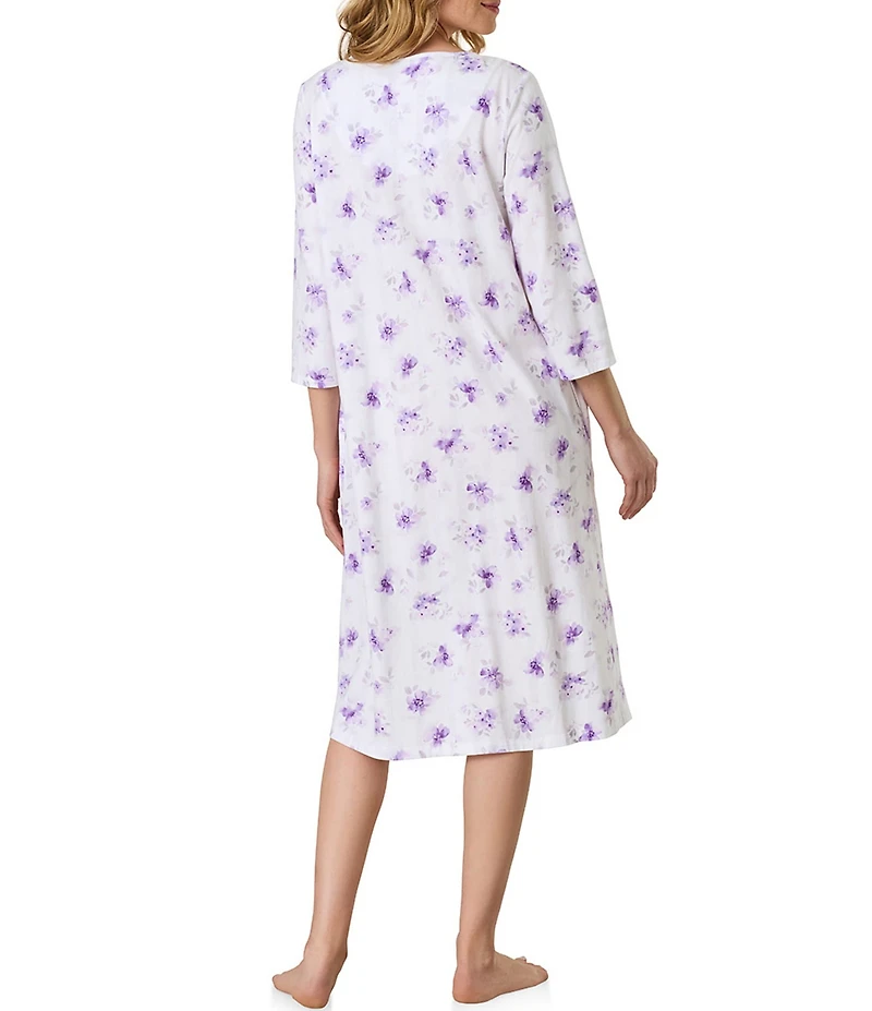 Carole Hochman Lilac Blooms Print 3/4 Sleeve V-Neck Jersey Knit Cotton Knee Length Nightgown