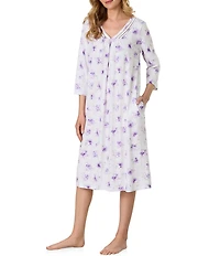 Carole Hochman Lilac Blooms Print 3/4 Sleeve V-Neck Jersey Knit Cotton Knee Length Nightgown