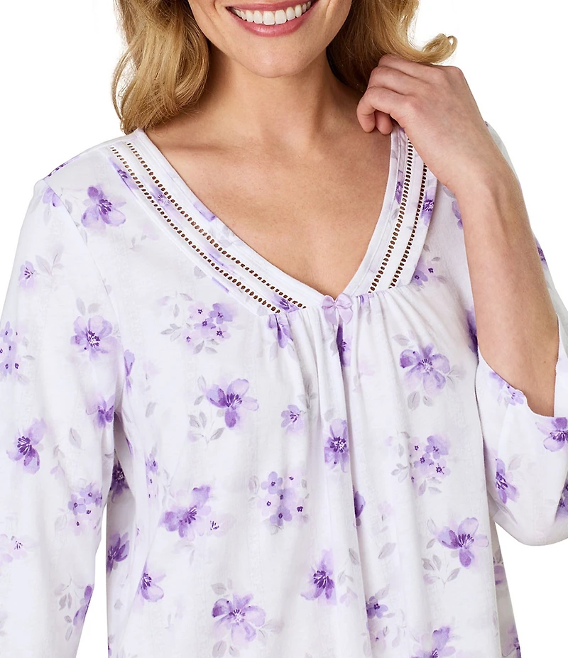 Carole Hochman Lilac Blooms Print 3/4 Sleeve V-Neck Jersey Knit Cotton Knee Length Nightgown